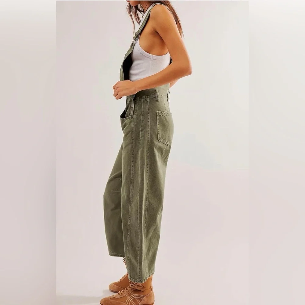 Olive Green Cotton Wide-Leg Overall Jumpsuit - Picture 4 of 8